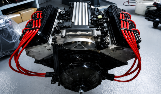 Precision built engine with red spark plug wires
